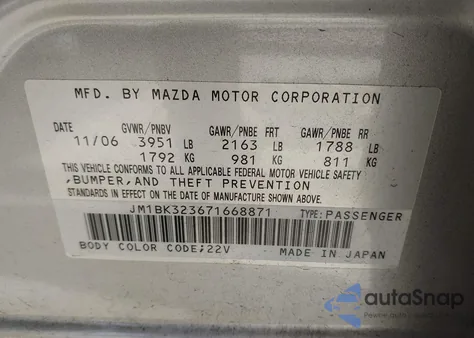 2007 Mazda Mazda3 S Grand Touring from USA, damaged, VIN JM1BK323671668871